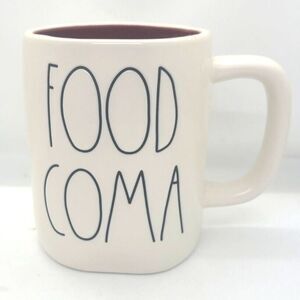 Rae Dunn FOOD COMA Ceramic Mug White Burgundy Funny Coffee Cup Fall Thanksgiving